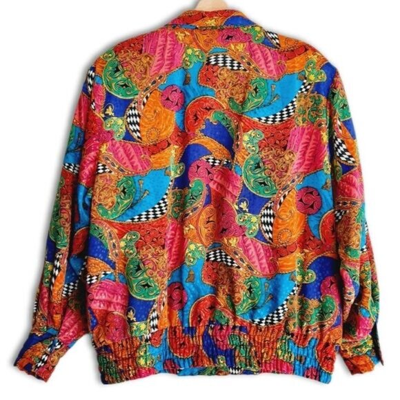 Vintage Silky Satin Retro Colorful Abstract Art Bomber Jacket Sz M - Picture 7 of 12